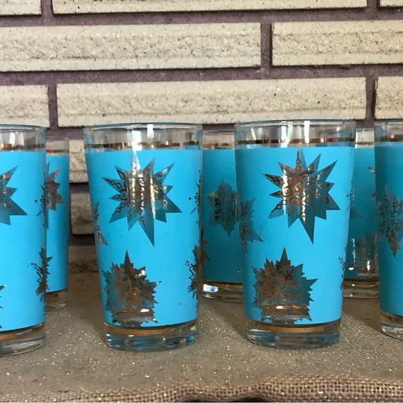 60's Aqua/Gold Starburst Glasses - 8 - Tumblers - Highballs - Barware -Glassware - Picture 12 of 14